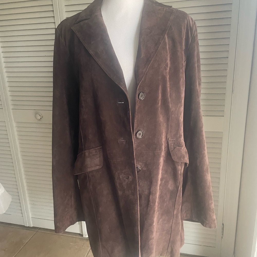 Vintage 90s Y2K Style & Co Long Suede Leather Jacket Coat Size XL Brown - Picture 2 of 12